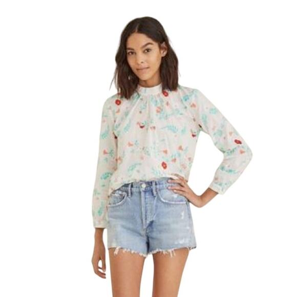 Amour Vert Tops - Amour Vert White Jeanne Bouquet Floral Embroidered Cotton Blouse